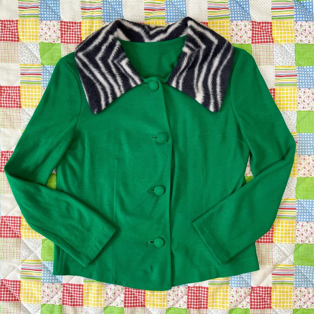 Vintage 60s Green‎ Zebra Print Cardigan Faux Fur Collar Sweater // Size Small